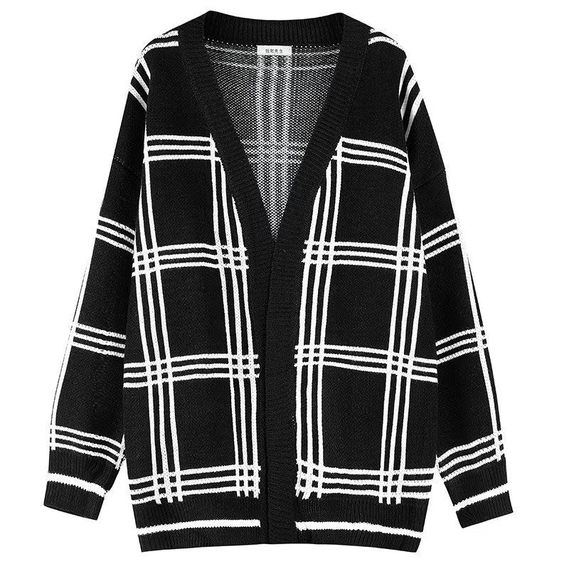 Men's Oversized Knit Cardigan with Check Pattern and Open Front Mune Fashion