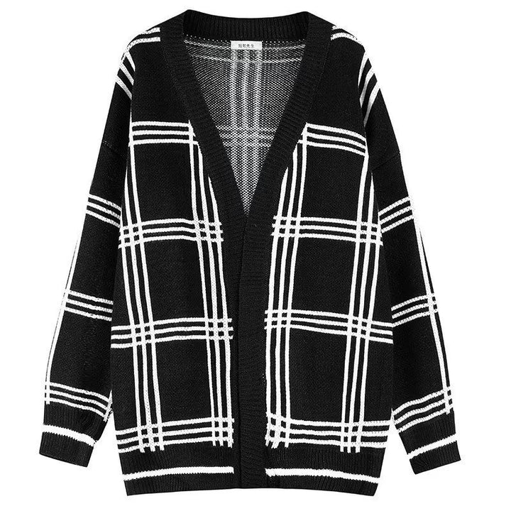 Men's Oversized Knit Cardigan with Check Pattern and Open Front Mune Fashion