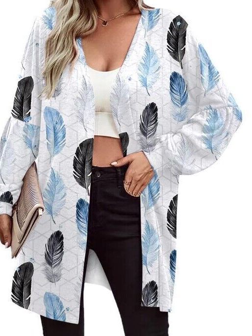 Women Lightweight Open Long Cardigan with Feather Motif and Oversized Sleeves Mune Fashion