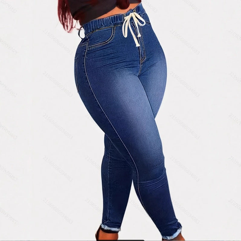 Women's High-Waist Sculpting Jeggings in Denim Look with Elastic Drawstring Waistband Mune Fashion