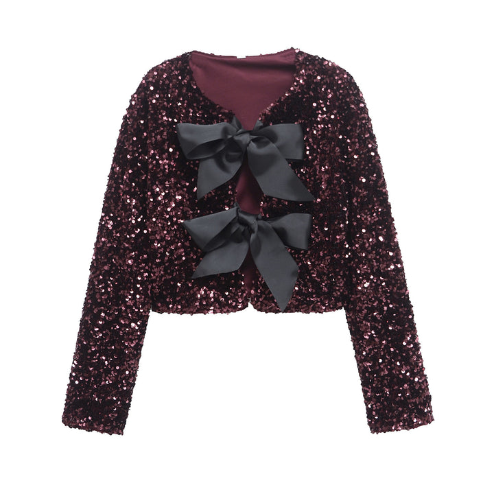 Women's sequin bolero jacket with double bow closure, padded lining and fitted cropped cut Mune Fashion