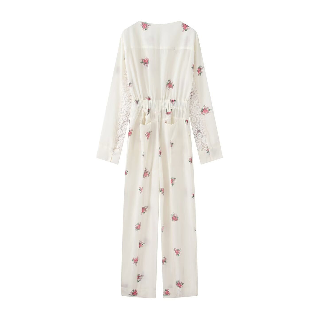 Women Floral Satin Jumpsuit with V-Neck, Zipper and Drawstring Waist Mune Fashion