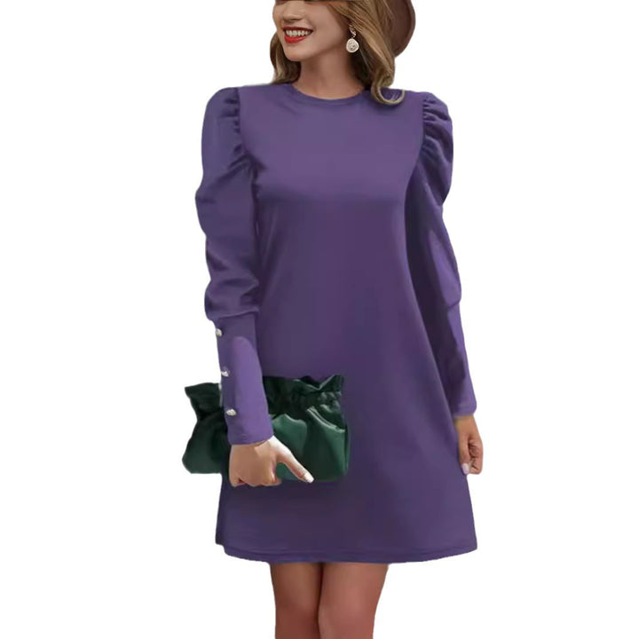 Ladies elegant A-line mini dress with gathered puff sleeves and decorative cufflinks Mune Fashion