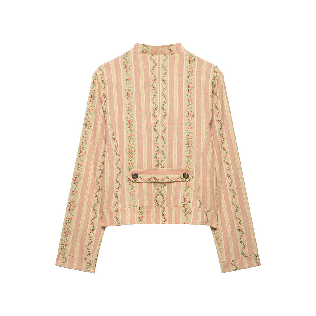 Women's short blouson jacket in vintage stripe pattern with asymmetrical button placket Drune