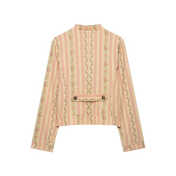 Women's short blouson jacket in vintage stripe pattern with asymmetrical button placket Drune