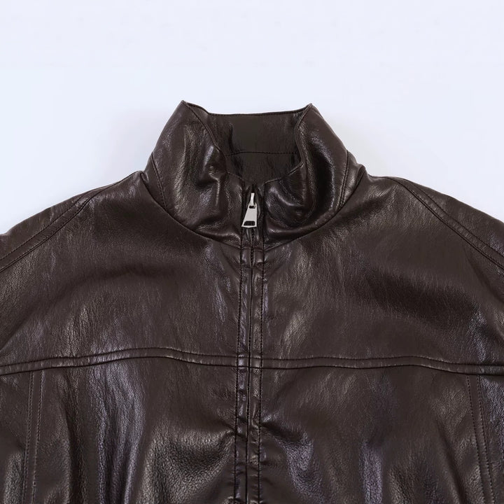 Women's Oversized Bomber Jacket in Leather Look with High Stand Collar and Gathered Waistband Mune Fashion