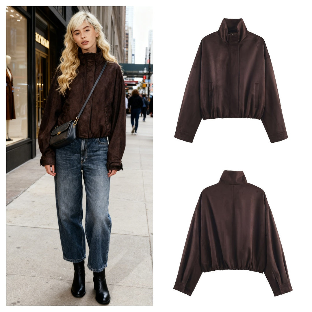 Ladies Oversize Velvet Jacket with High Stand-Up Collar and Elastic Hem Mune Fashion