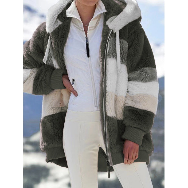 Women's Striped Oversized Teddy Jacket with Hood, Zipper and Ribbed Cuffs Mune Fashion