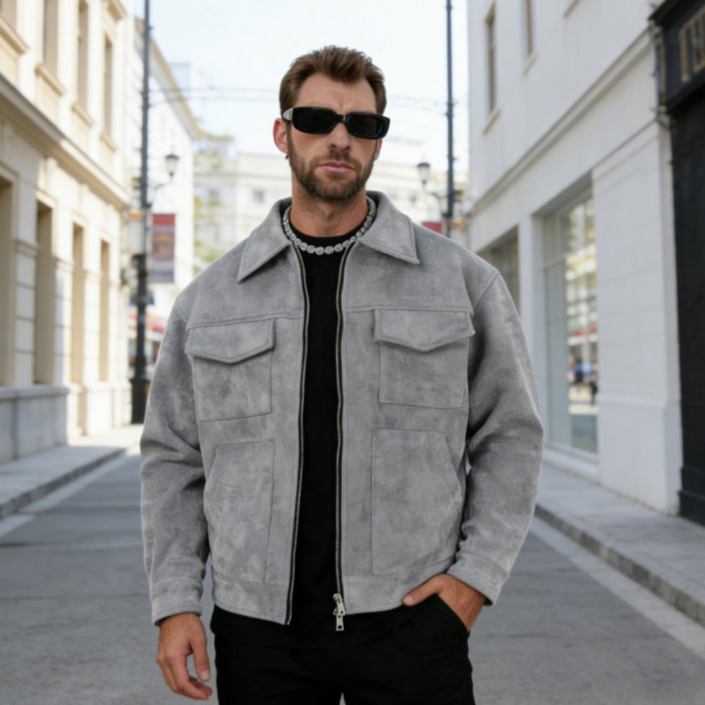 Men's oversized suede jacket with zipper, shirt collar, and patch pockets Mune Fashion