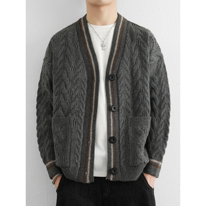 Men's Chunky Cable Knit Cardigan with Patch Pockets and Contrast Stripes Mune Fashion