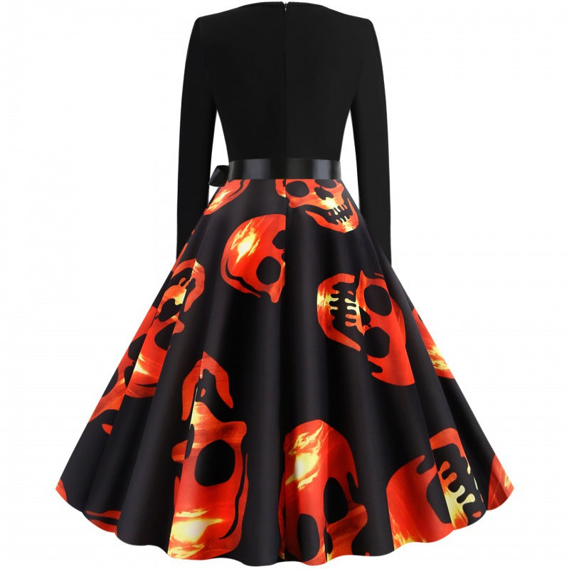 Women Vintage Swing Dress with Fitted Top, A-Line Skirt and Large Skull Print Mune Fashion