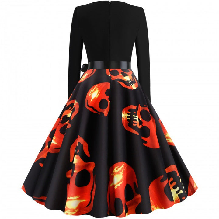 Women Vintage Swing Dress with Fitted Top, A-Line Skirt and Large Skull Print Mune Fashion