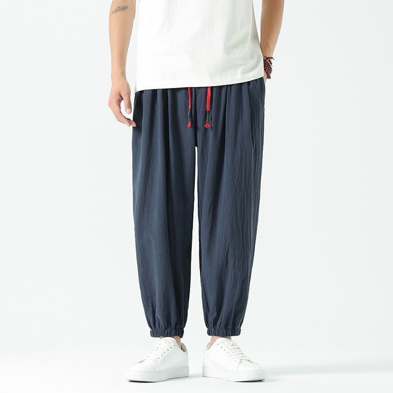 Men's loosely cut linen-cotton pants with drawstring and elastic cuffs Mune Fashion