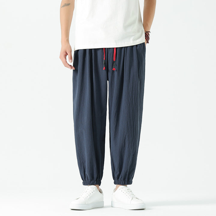 Men's loosely cut linen-cotton pants with drawstring and elastic cuffs Mune Fashion