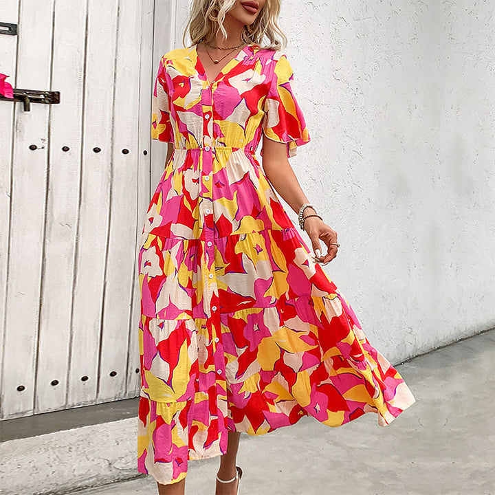 Women Tiered Midi Dress with Continuous Button Placket, Fitted Elastic Waistband and Ruffle Sleeves Mune Fashion