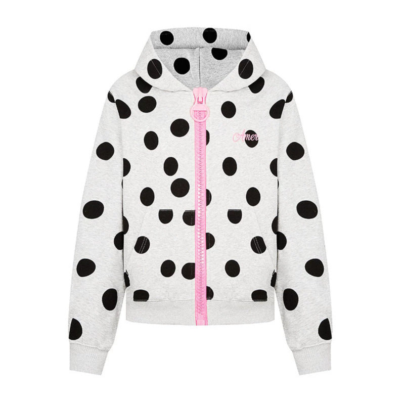 Women's cropped hooded zip jacket with large polka dot pattern and decorative zipper Mune Fashion