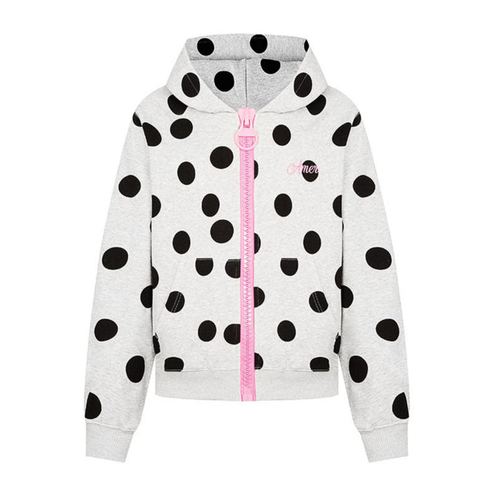 Women's cropped hooded zip jacket with large polka dot pattern and decorative zipper Mune Fashion