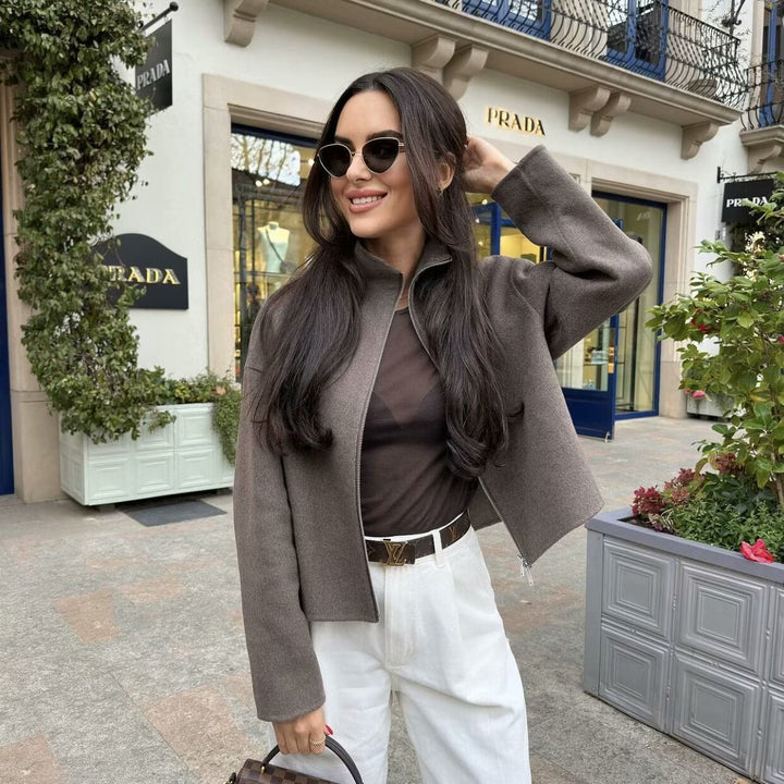 Women's short-cut wool-look zip jacket with stand-up collar and oversized sleeves Mune Fashion