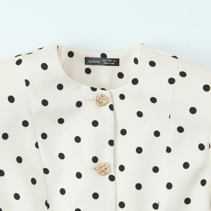 Ladies Polka Dot Short Jacket with Balloon Sleeves and Decorative Button Placket Mune Fashion