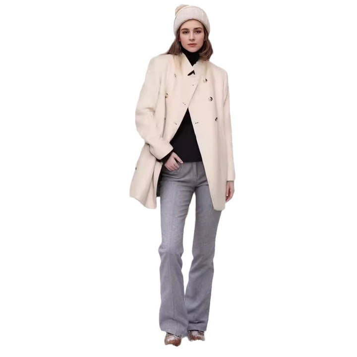 Women's Double-Breasted Coat with Stand-Up Collar and Decorative Buttons Mune Fashion