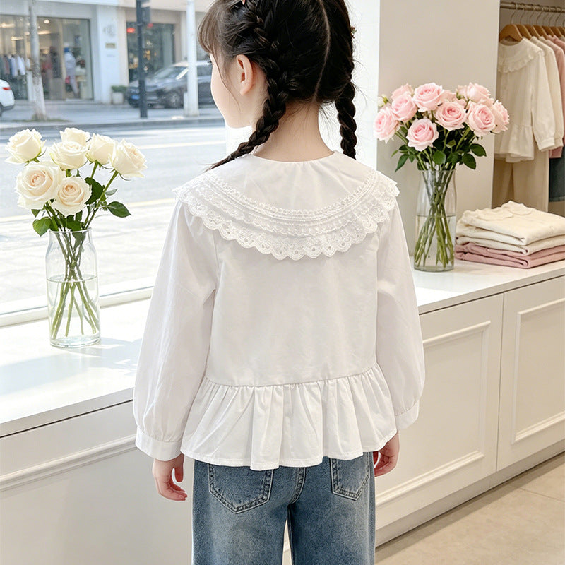 Girl's elegant blouse with lace hem and ruffle details Mune Fashion