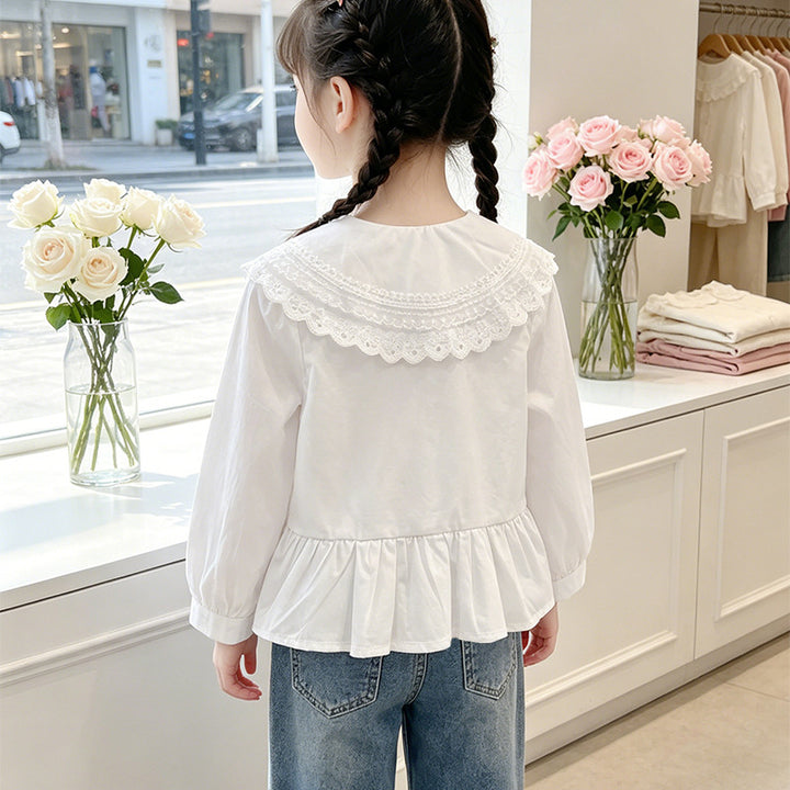 Girl's elegant blouse with lace hem and ruffle details Mune Fashion