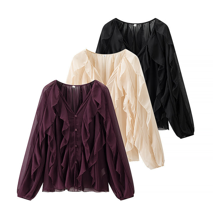 Ladies Voluminous Chiffon Blouse with Layered Ruffles and Button Closure Mune Fashion