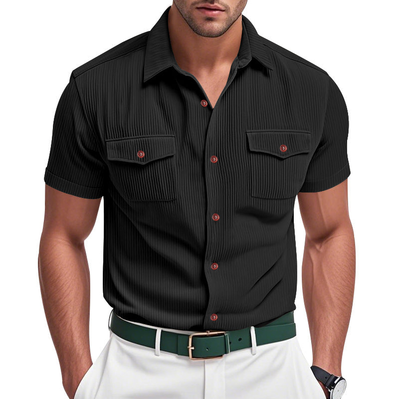 Men's casual short-sleeve shirt with lapel collar, patch flap pockets and fine pinstripe texture Mune Fashion