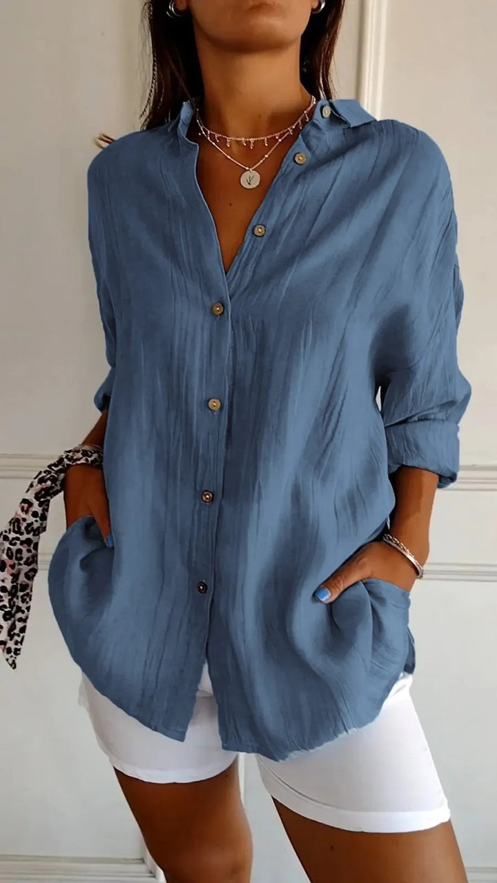Women's Loose Crinkle Shirt with Pockets and Rolled-Up Sleeves Mune Fashion