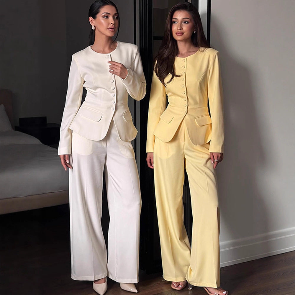 Women's Tailored Blazer with Round Neckline, Decorative Fabric Buttons and Flap Pockets Mune Fashion