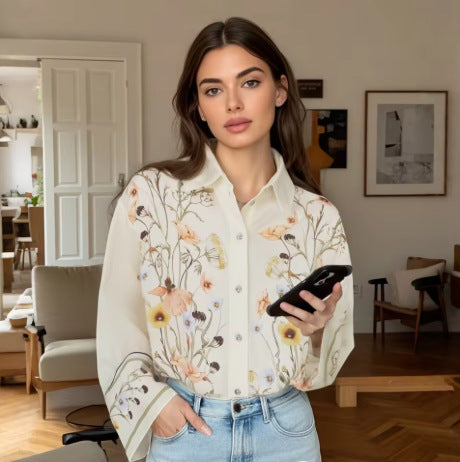 Women's wide linen pants with high waist, palazzo cut and floral watercolor print Mune Fashion