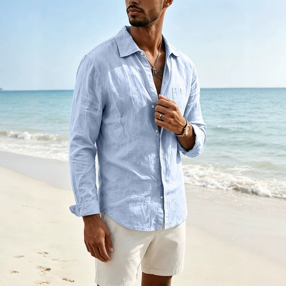Men's casual linen shirt with long sleeves and chest pocket Mune Fashion