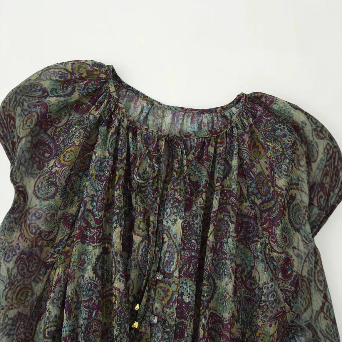 Women's gathered paisley mini dress with smocked waist, ruffled tiers, and balloon sleeves Mune Fashion