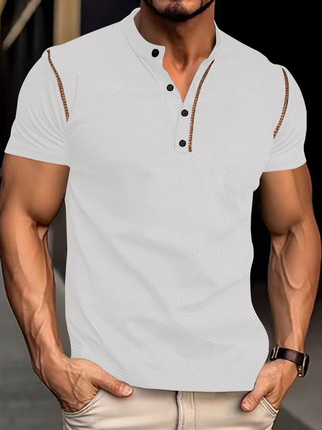 Men's tapered structured polo shirt with stand-up collar and decorative piping Mune Fashion