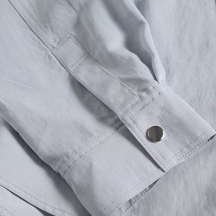 Women Light Oversized Blouse Jacket with Stand Collar and Concealed Snap Button Placket Mune Fashion