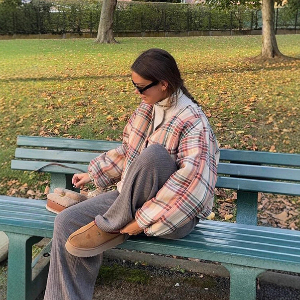 Women Padded Short Quilted Jacket in Check Pattern with Drawstring Hem and Oversized Sleeves Mune Fashion