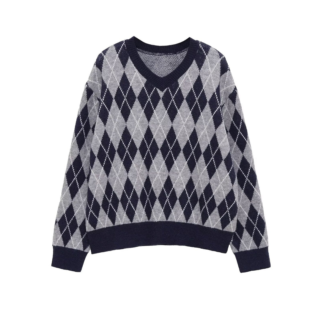 Women's Argyle V-Neck Knitted Sweater with Diamond Pattern Mune Fashion