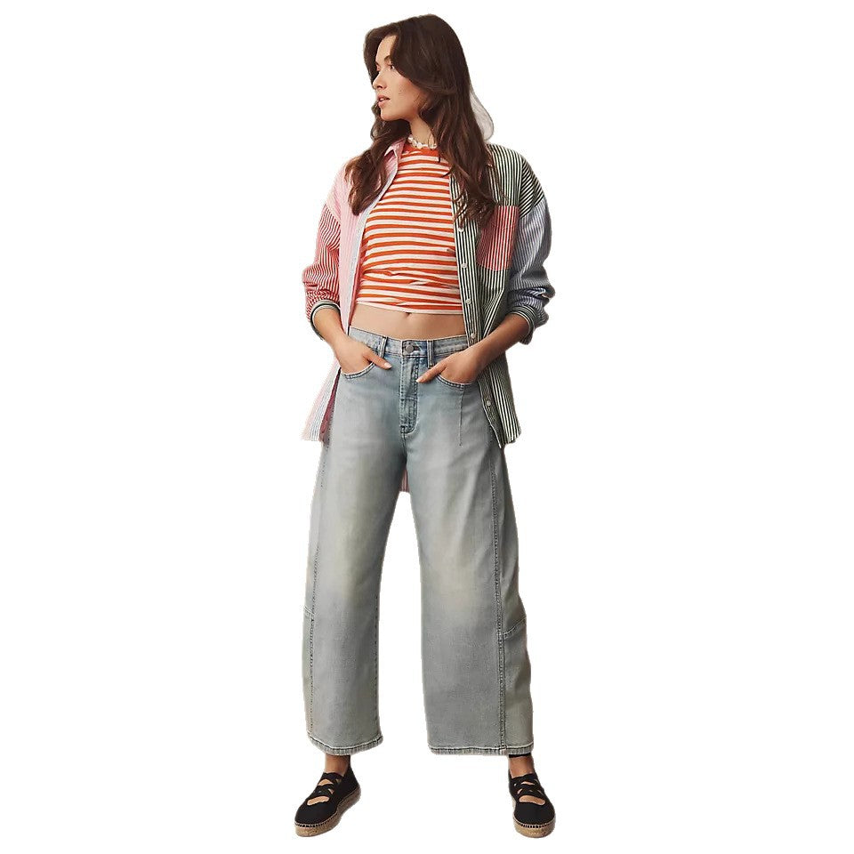 Women's high-cut wide culotte jeans with cropped length and decorative seam details Mune Fashion