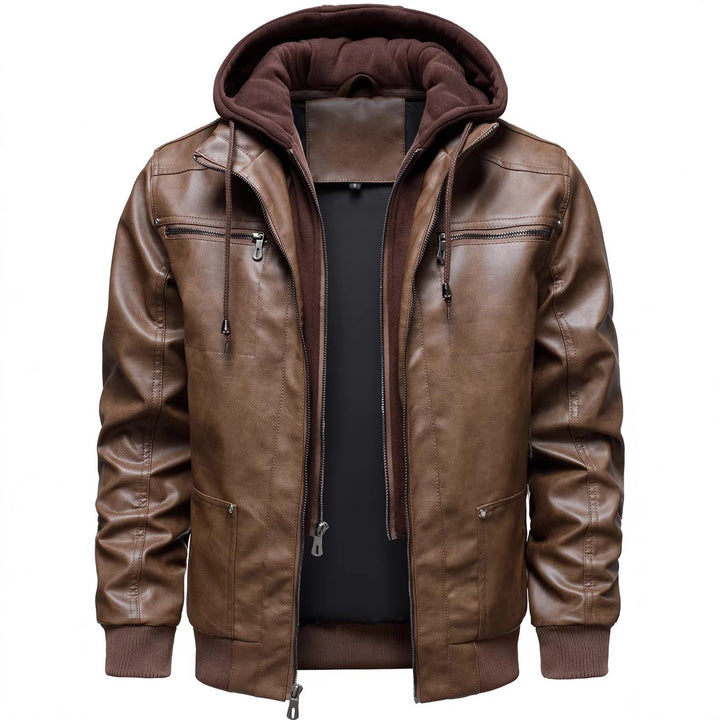Men's sporty leather jacket with hood Mune Fashion