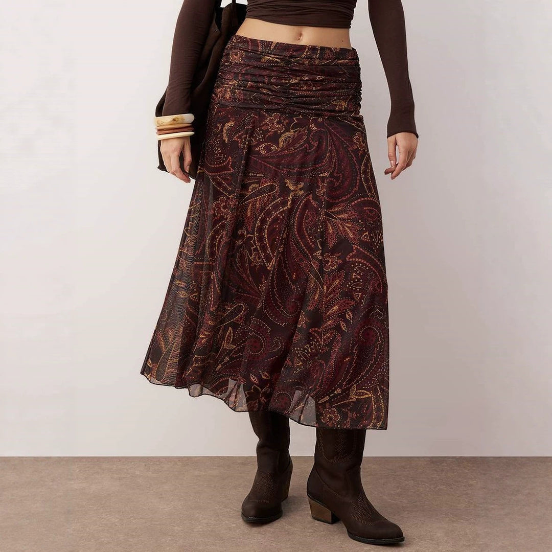 Women’s midi skirt in boho style with gathered waistband and paisley print Mune Fashion