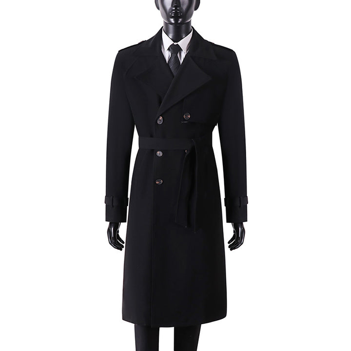 Men's Long Minimalist Trench Coat with Storm Flap, Waist Belt, and Adjustable Cuffs Mune Fashion