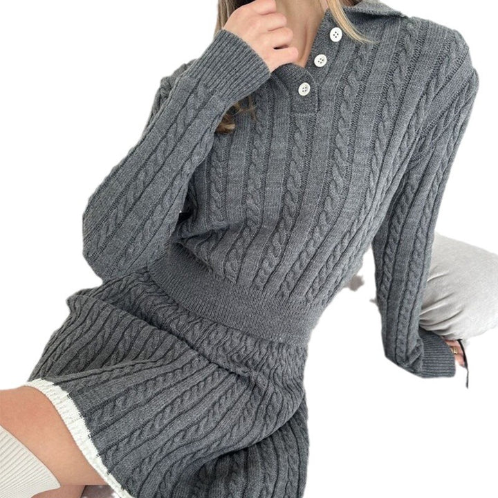 Women's knitted cable set with polo collar and flared A-line skirt Mune Fashion