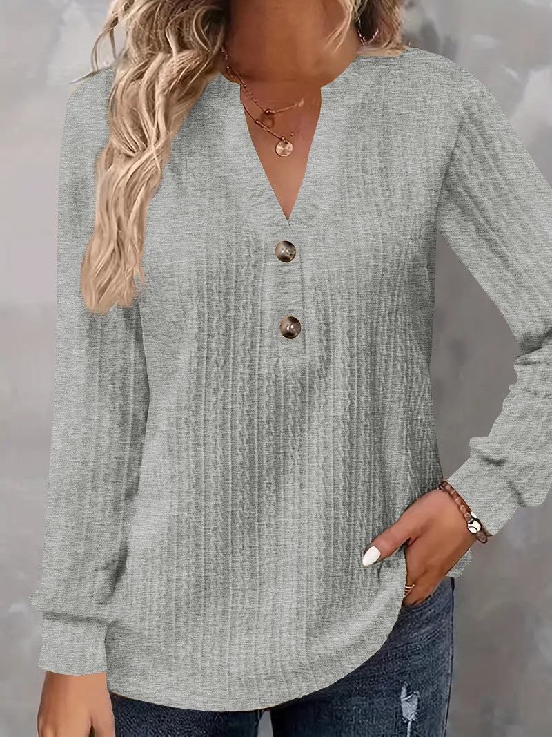 Women Structured V-Neck Long Sleeve Shirt with Decorative Button Placket Mune Fashion