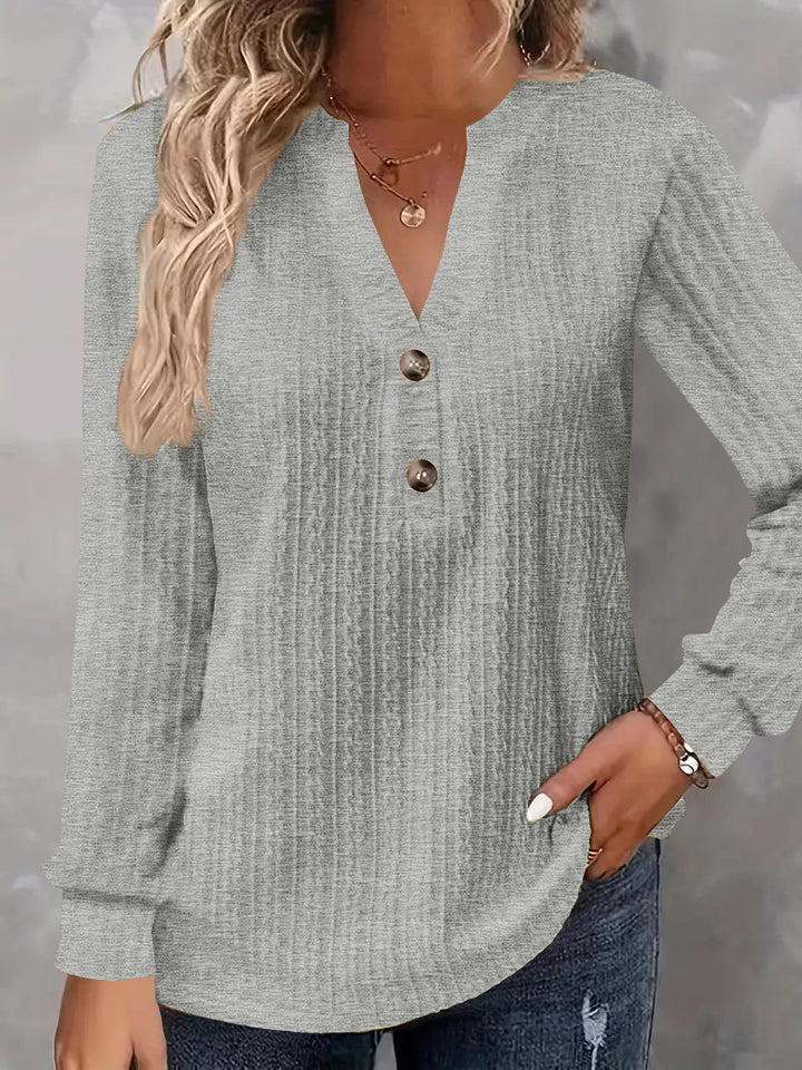 Women Structured V-Neck Long Sleeve Shirt with Decorative Button Placket Mune Fashion