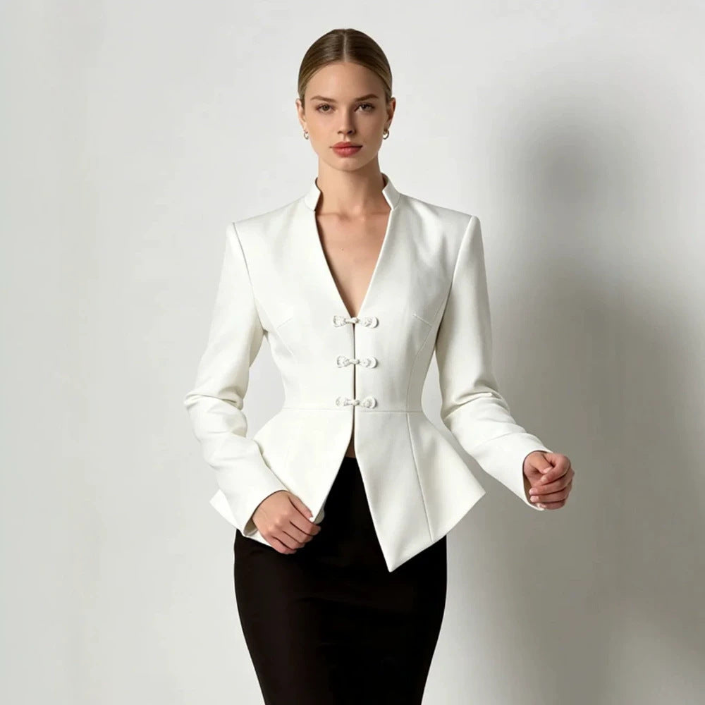 Women's Tailored Peplum Blazer with Mandarin Collar and Decorative Knot Fastenings Mune Fashion