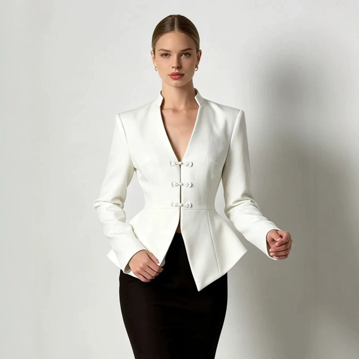 Women's Tailored Peplum Blazer with Mandarin Collar and Decorative Knot Fastenings Mune Fashion