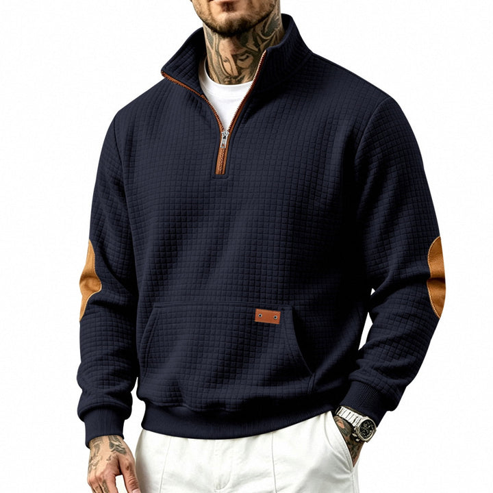 Men's Textured Half-Zip Sweatshirt with Waffle Structure, Kangaroo Pocket and Leather Elbow Patches Mune Fashion