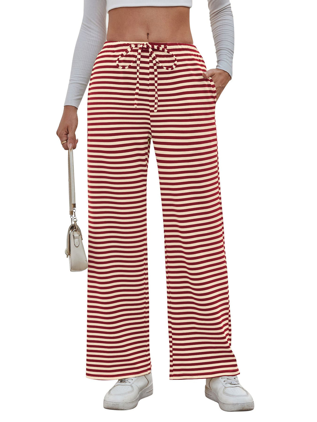 Ladies wide striped pants with elastic waistband and drawstring Mune Fashion
