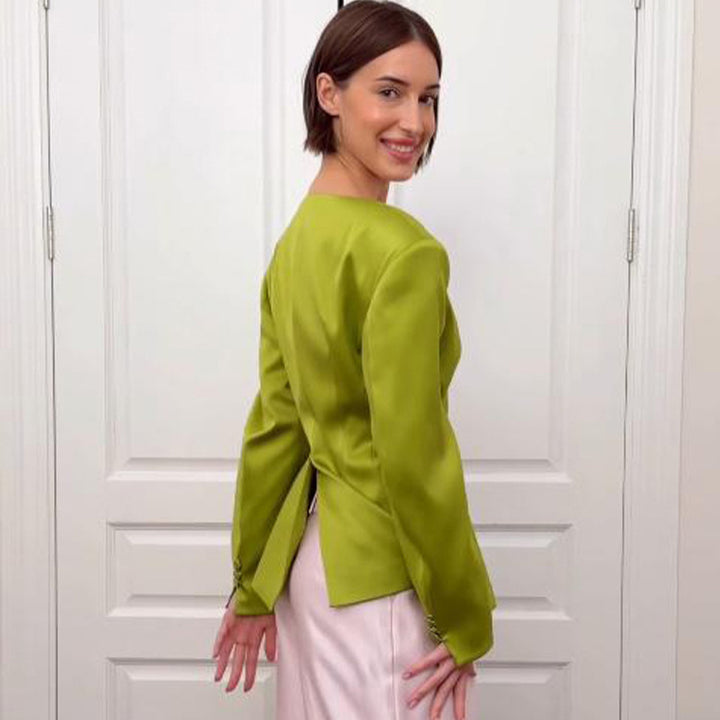 Women's Tailored Satin Blazer with Emphasized Peplum and Decorative Button Placket Mune Fashion