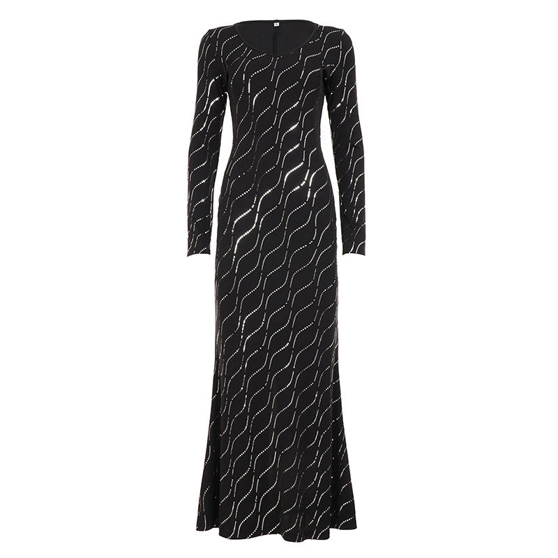 Women's long-sleeved Bodycon Mermaid evening dress with wave rhinestone embellishment Mune Fashion